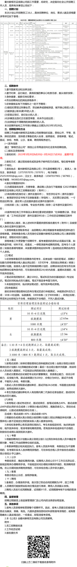2023年衢州醉根艺品有限公司公开招聘员工公告